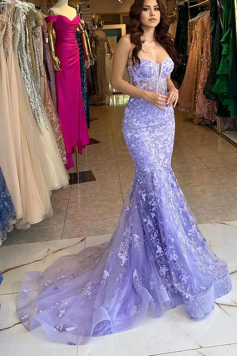 Mermaid Sparkly Sweetheart Lavender Sparkly Lace Long Prom Dresses